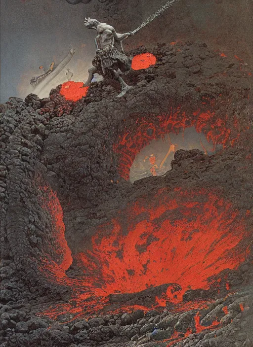 Image similar to giant louse in lava cave, explosions, lava flows, dynamic action, by lawrence alma tadema and zdzislaw beksinski and norman rockwell and jack kirby and tom lovell and greg staples, arstation creature concept