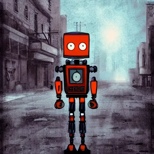 Prompt: a sad robot in a street of a post apocalyptic city, digital art