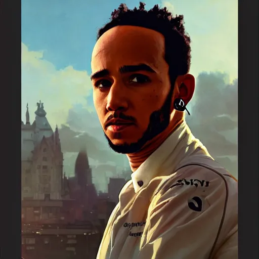 Prompt: highly detailed vfx portrait of lewis hamilton, stephen bliss, greg rutkowski, loish, rhads, beeple, makoto shinkai, tom bagshaw, alphonse mucha, sharp focus, art by artgerm and greg rutkowski, stanley kubrick, backlit, harsh overhead sunlight,