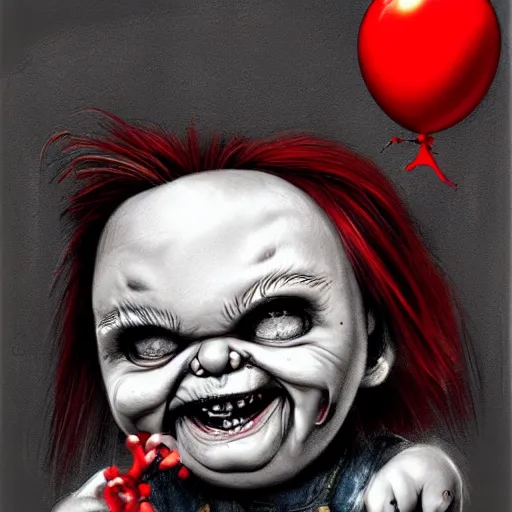 Image similar to surrealism grunge cartoon portrait sketch of chucky with a wide smile and a red balloon by - michael karcz, loony toons style, the conjuring style, horror theme, detailed, elegant, intricate