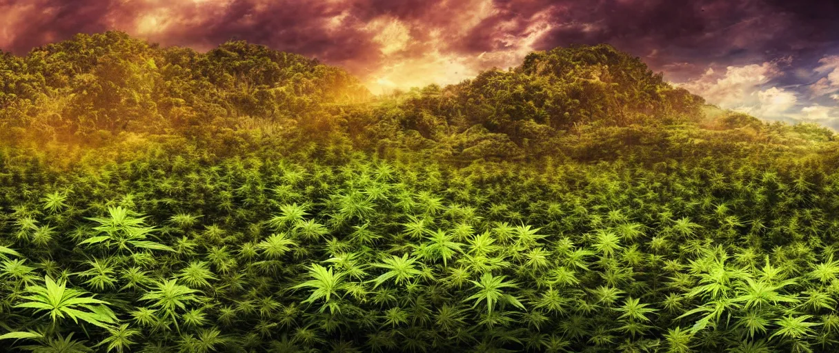 Image similar to realistic giant cannabis crop and cannabis leaves, convert from left side Australian desert to right side; a utopian oasis with streams, waterfalls, landscape, photo, concept art, universe in the sky, cinematic lighting, 4k, wide angle, warm tones, Australian Earth,