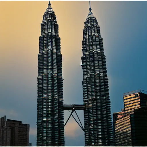 Image similar to the petronas towers shaped like elac debut floor standing speakers, ultra realistic, kodachrome 6 4, golden hour image