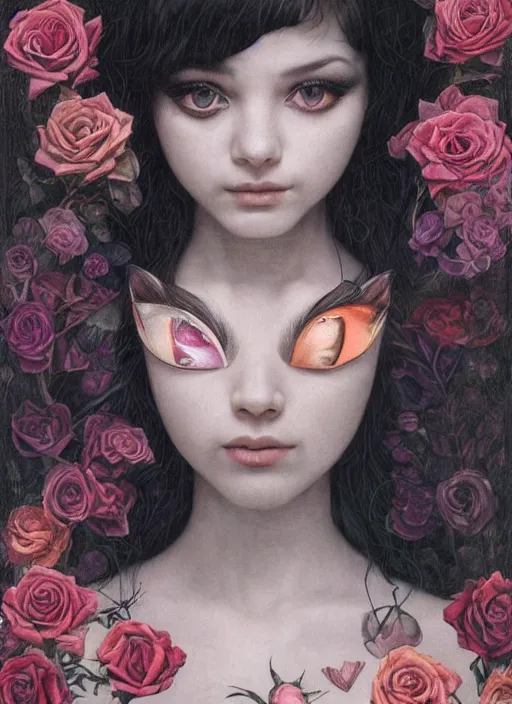 Image similar to sofia vargerra, cat eye, botanical, rose, portrait face, colorful, kupka, intricate, miles johnston, kuroda seiki, ozabu, godward, painterly, yoshitaka amano, moebius, miles johnston, louise zhang, james jean, mark ryden lowbrow pop surrealism art style