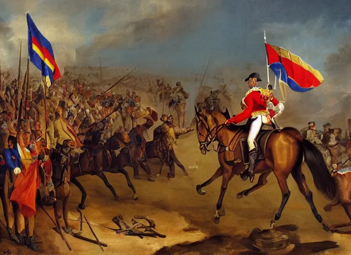 Image similar to a high detail oil painting equestrian image of judge baltasar garzon leading spain and the troops to victory over the moors, raising the spanish flag with his right hand and a sword in his left