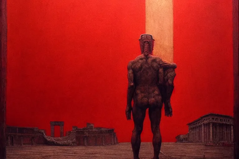 Image similar to only with red, caesar after war, a red tiger, in hoc signo vinces, rome in background, an ancient path, in the style of beksinski, part by hopper, part by rodcenko, part by hofbauer, intricate composition, red by caravaggio, insanely quality, highly detailed, masterpiece, red light, artstation