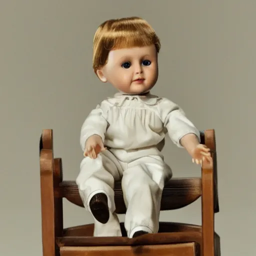 Image similar to Porcelain doll Ryan gosling sits on a rocking chair, realism, proportions,