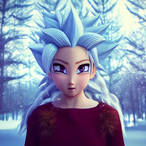 Image similar to portrait focus of angry super saiyan beautiful 3 d anime girl posing, frozen ice dark forest background, snowing, bokeh, inspired by masami kurumada, octane render, volumetric lighting