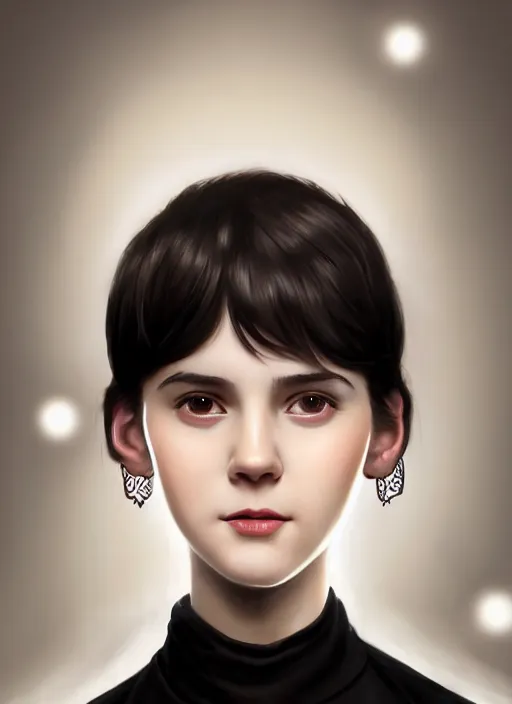 Image similar to portrait of white teenage girl, narrow face, short black hair, bangs, half updo hairstyle, buck teeth, smile, unattractive, defined jawline, long chin, wearing hair bow, earrings, intricate, elegant, glowing lights, highly detailed, digital painting, artstation, sharp focus, illustration, art by wlop, mars ravelo and greg rutkowski