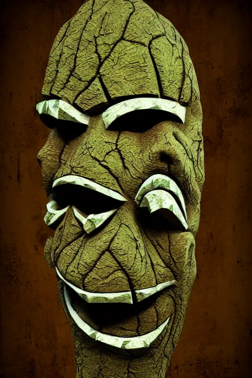 Image similar to terror clownvamp totem made in carved mossy wood, realistic and ultra detailed, texturized, indirect volummetric light, mask effect layer, sharpen and antialiased