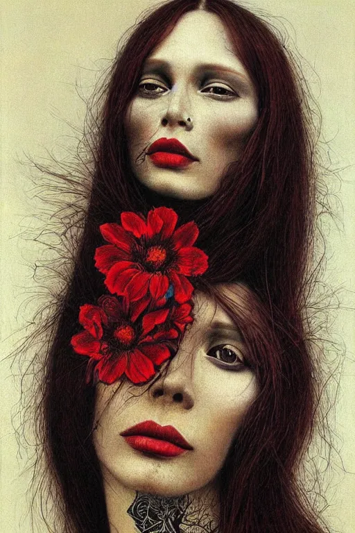 Image similar to portrait of a woman, with long red hair, tattooed face, with black flowers, realistic, by zdzisław beksiński