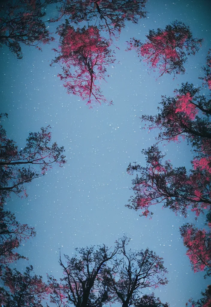 Prompt: lomo photo of looking up at trees with pink leaves, black night sky, stars, cinestill, bokeh, out of focus, dramatic lighting, birds flying
