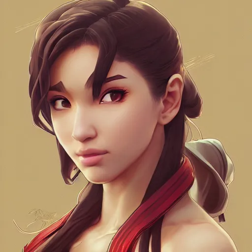 Prompt: pokimane as a street fighter character, cg animation, capcom, realistic, character select portrait, by artgerm, greg rutkowski, alphonse mucha, 3 d