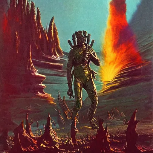 Prompt: sardaukar warrior walking the acid swamps of venus, vintage sci - fi art, by bruce pennington