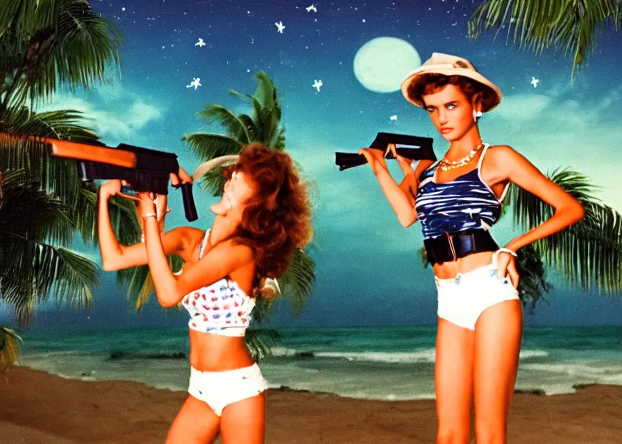 Image similar to 1 9 8 6 vintage movie screencap of a girl with a gun on a narco mansion, gucci clothes, night sky, beach and tropical vegetation on the background, 1 9 8 6 photo