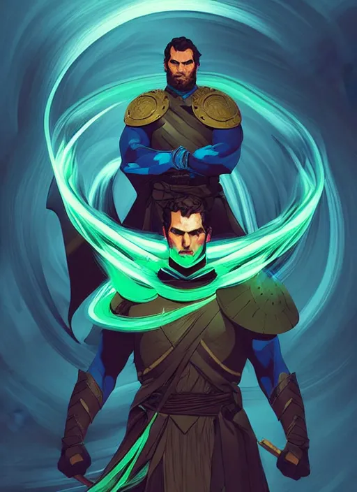 Image similar to style artgerm, joshua middleton, illustration, henry cavill as a warrior monk wearing green pelt light armor, blue hair, swirling water cosmos, fantasy, dnd, cinematic lighting