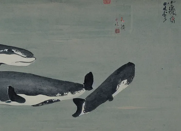 Image similar to a painting of a pair of whales by Qi Baishi