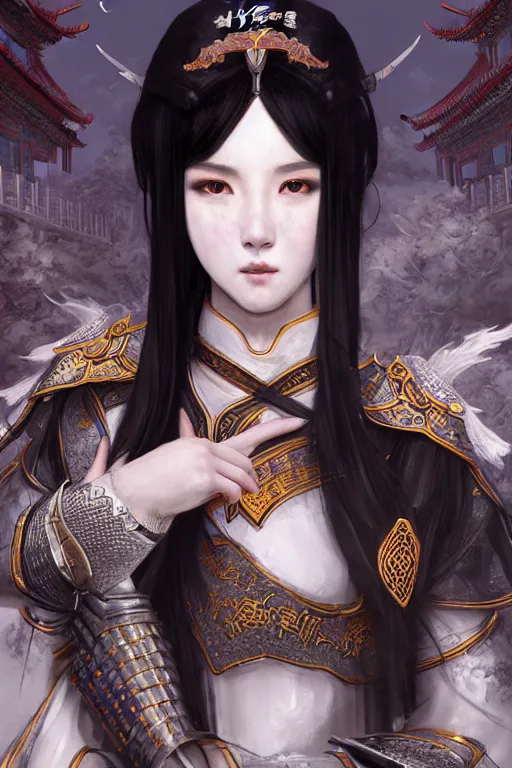 Prompt: portrait black hair young knights of Dynasty Warriors girl, matt white color armor, in ruin chinese temple rooftop moon magic night, ssci-fi and fantasy, intricate and very beautiful and elegant, highly detailed, digital painting, soft light, artstation, concept art, smooth and sharp focus, illustration, art by tian zi and WLOP and alphonse mucha