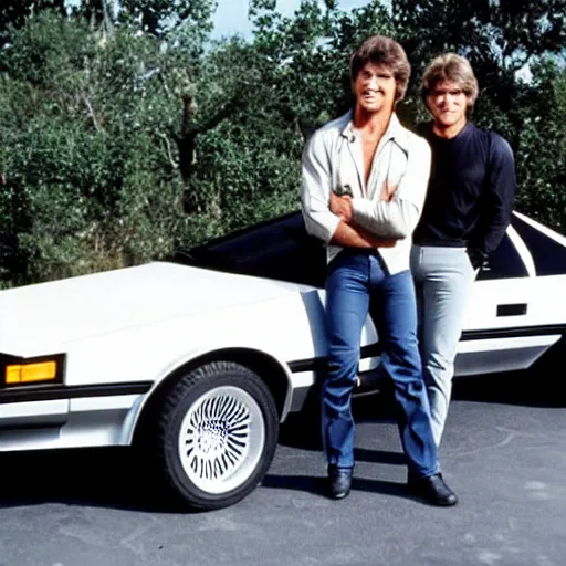 Image similar to a photo taken on the set of the tv show knight rider in 1 9 8 2, showing kitt the car from the series with michael knight posing in front