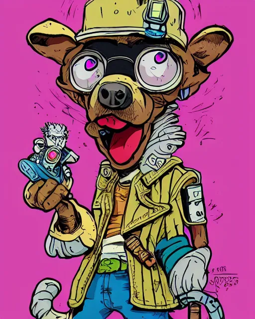 Image similar to cute wasteland mutant dog dressed in 80s clothing + wry expression + 80s talismans + cool street style + relaxed pose + centre image + in the style of Don Bluth and Peter Laird + moebius style + hearthstone color style + jack kirby inked line drawing