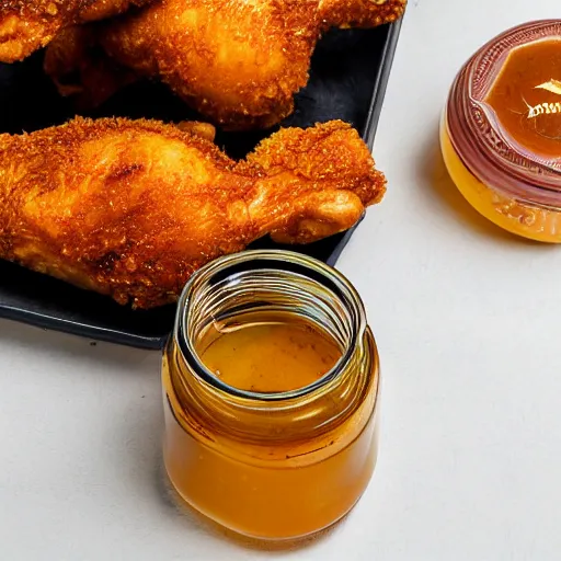 Image similar to chicken honey, honey with fried chicken floating inside the jar, we make our honey fresh with batches of chicken, food product promo, studio photography