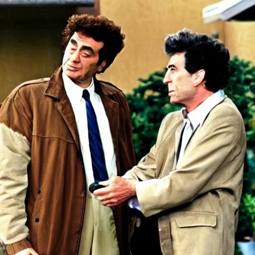 Image similar to columbo and cosmo kramer discussing the finer things of life