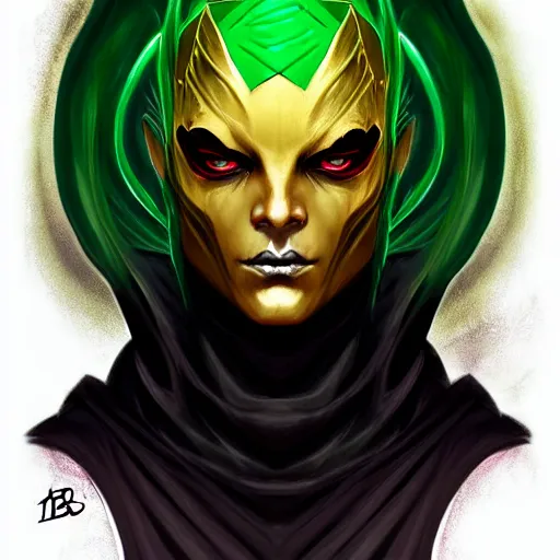 Image similar to intimidating portrait commission of a D&D cult leader wearing black robes and a golden mask. green eyes like spawn. Black Background with red swirls. character design by charlie bowater, detailed, inked, western comic book art