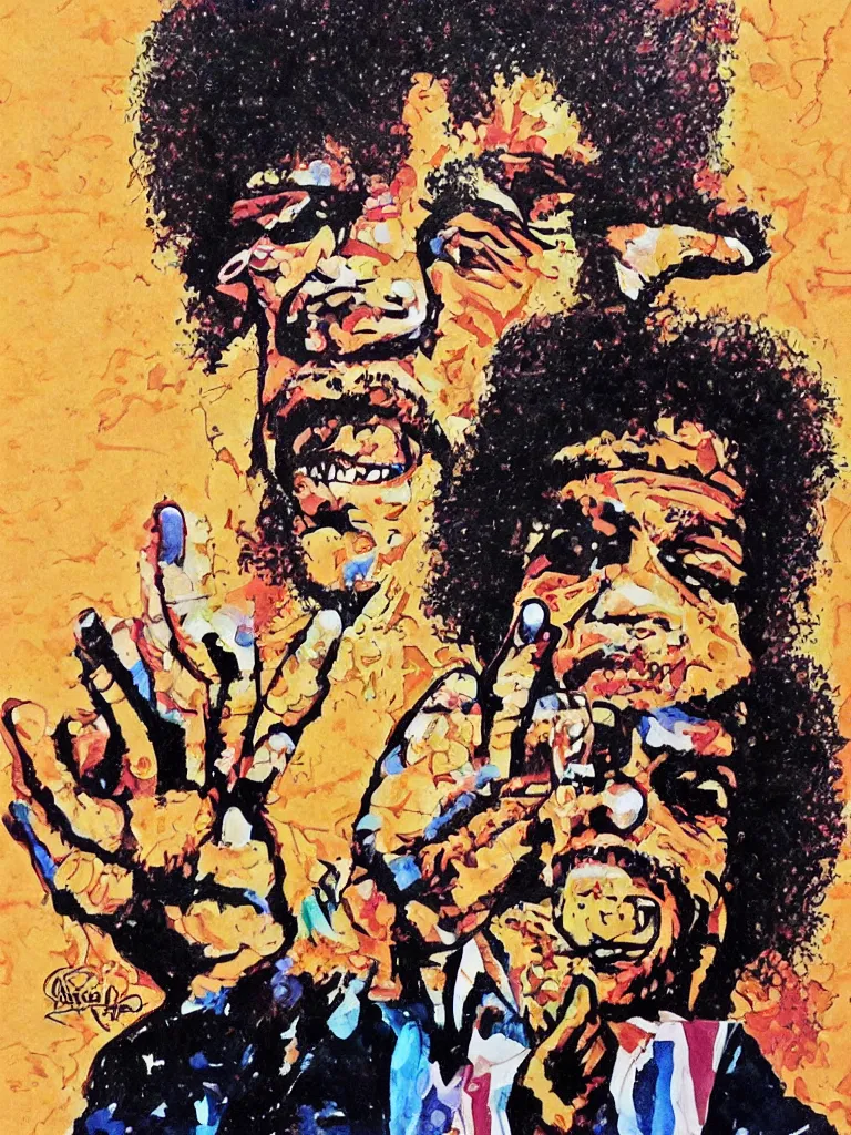 Prompt: a hilarious caricature painting of Jimi Hendrix by Sebastian Kluger