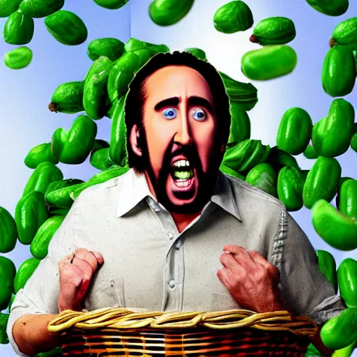 Image similar to nicolas cage with a wicker basket over head screaming with a mouth full of peas