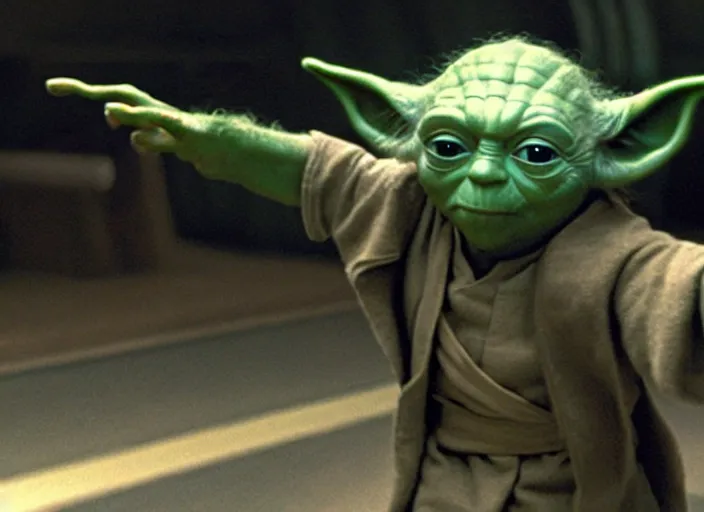 Image similar to film still of yoda uses the force to roll a bowling bowl down a lane in a bowling alley in the new Star Wars movie, 4k