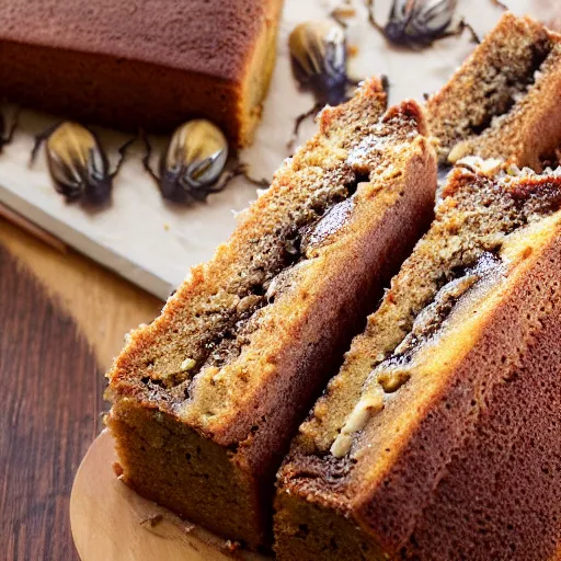 Prompt: food photography of banana cake with bugs, award winning