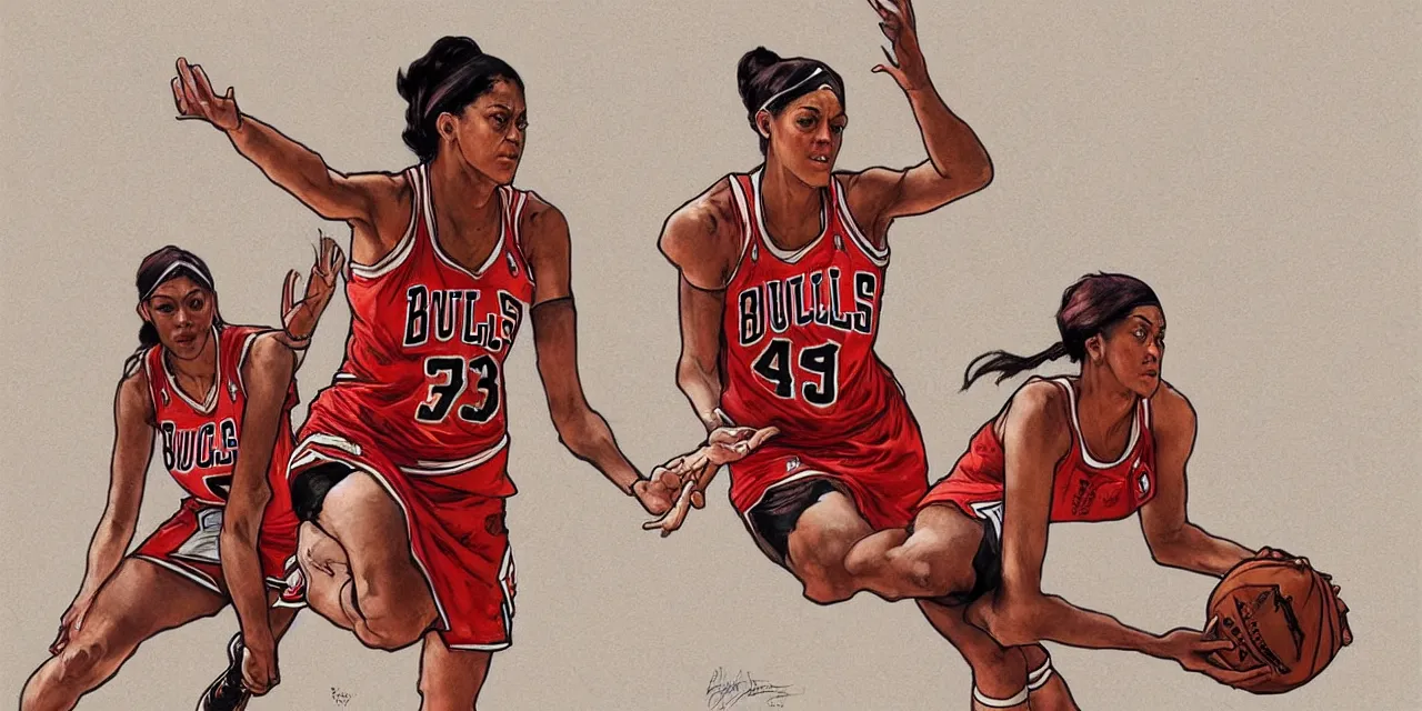 Prompt: candace parker playing basketball in a chicago bulls jersey art by artgerm and greg rutkowski and alphonse mucha, wide angle view,