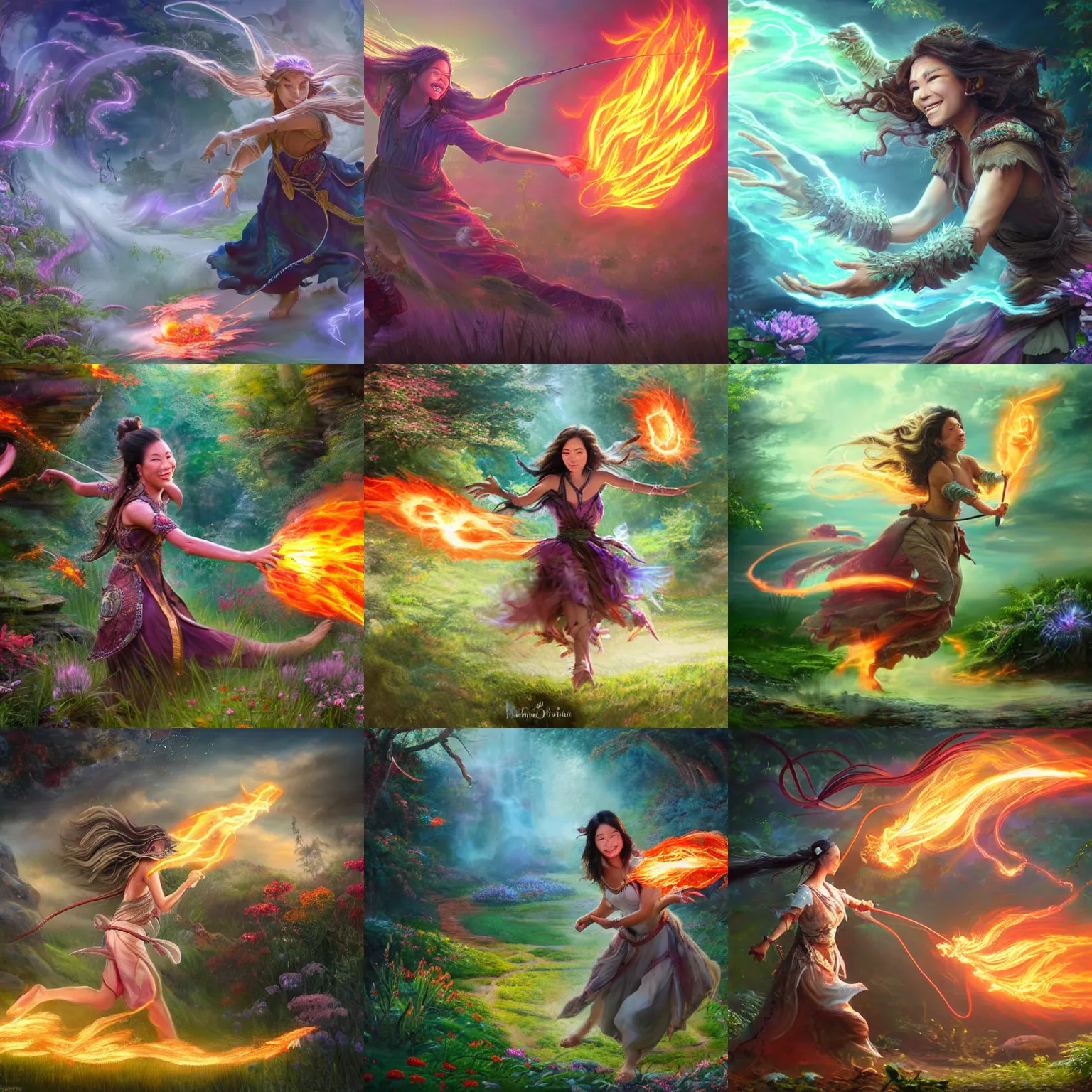 Prompt: breathtaking detailed concept art painting, smiling hapa sorceress chasing will-o-wisps casting a fireball in a garden, 8k