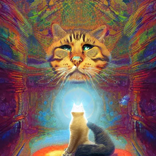 Prompt: a cat attains transcendence through meditation, psychedelic, by Marc simonetti