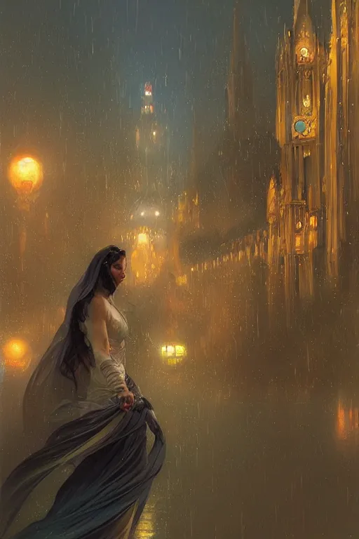 Prompt: evening, airport, plane leaving, rain, night lights, passenger plane, d & d, fantasy, intricate, elegant, highly detailed, digital painting, artstation, concept art, matte, sharp focus, illustration, art by artgerm and greg rutkowski and alphonse mucha, masterpiece, stunning, artstation