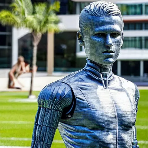 Image similar to a realistic detailed photo of a guy who is an attractive humanoid who is half robot and half humanoid, who is a male android, soccer player martin ødegaard, shiny skin, posing like a statue, blank stare, by the pool, on display, showing off his muscles, humanoid robot, frozen ice statue