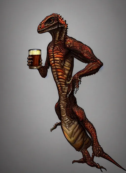 Prompt: human - body lizard drinks beer, beer, glass, beer mug in hand, intricate, triumphantly, foggy background, full body art, dark souls, drawing, concept art, artstation, digital painting