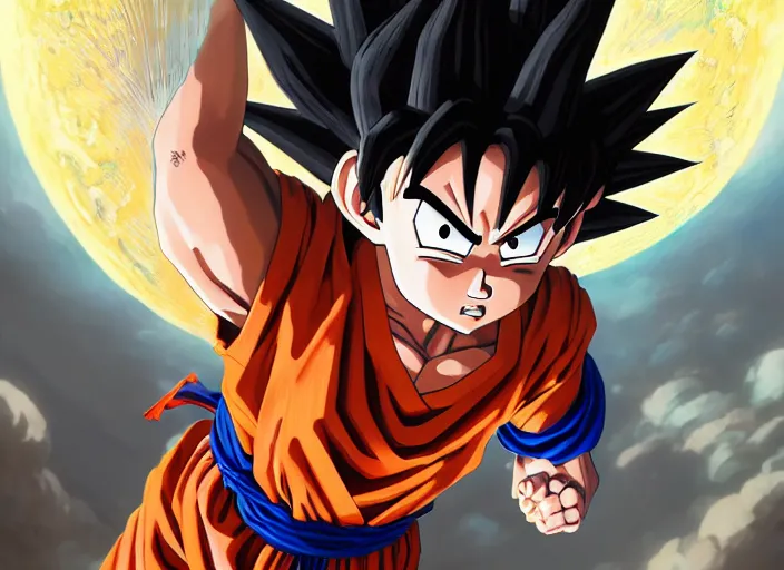 Image similar to highly detailed portrait of goku, in one punch man, stephen bliss, unreal engine, fantasy art by greg rutkowski, loish, rhads, ferdinand knab, makoto shinkai and lois van baarle, ilya kuvshinov, rossdraws, tom bagshaw, global illumination, radiant light, detailed and intricate environment