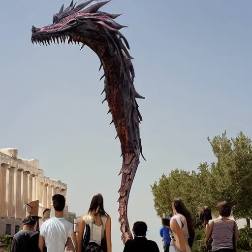 Prompt: greek by emil alzamora tender. a beautiful installation art of a large, dragon - like creature with sharp teeth, talons, & a long tail. the creature is looming over a small group of people who appear to be in distress.