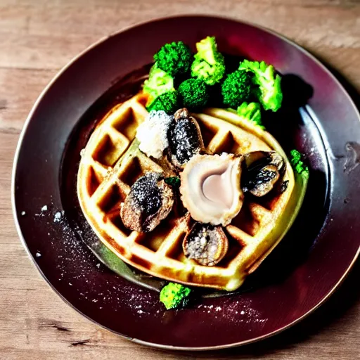 Image similar to promotional shot of a waffle with broccoli, blood cream and oysters,