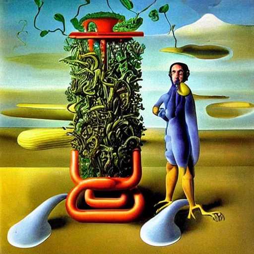 Image similar to a machine that converts plastic into plants. surrealism. salvador dali.