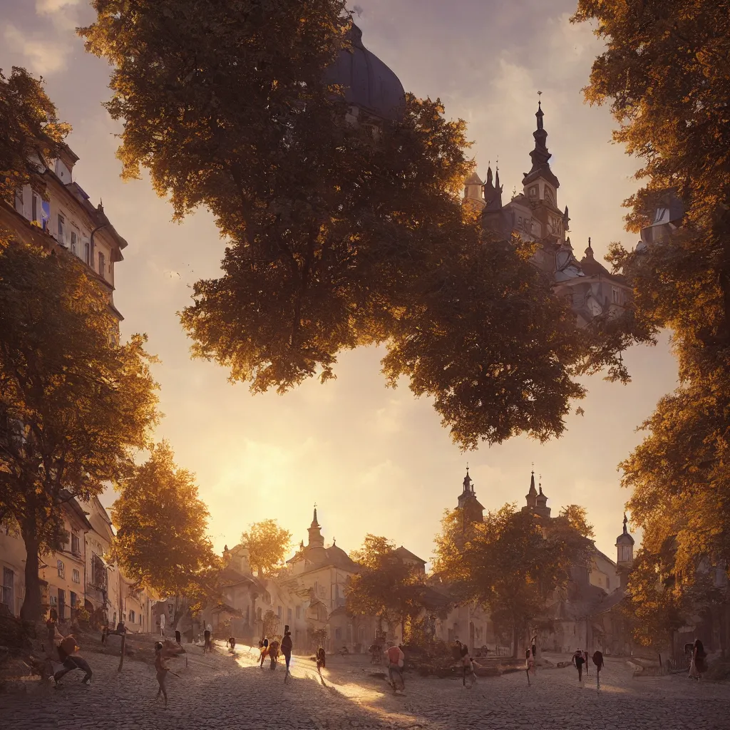 Prompt: a beautiful photo of banska stiavnica in summer with old houses and trees in sunset, sky, people walking on street, unreal engine, by greg rutkowski and james gurney, artstation