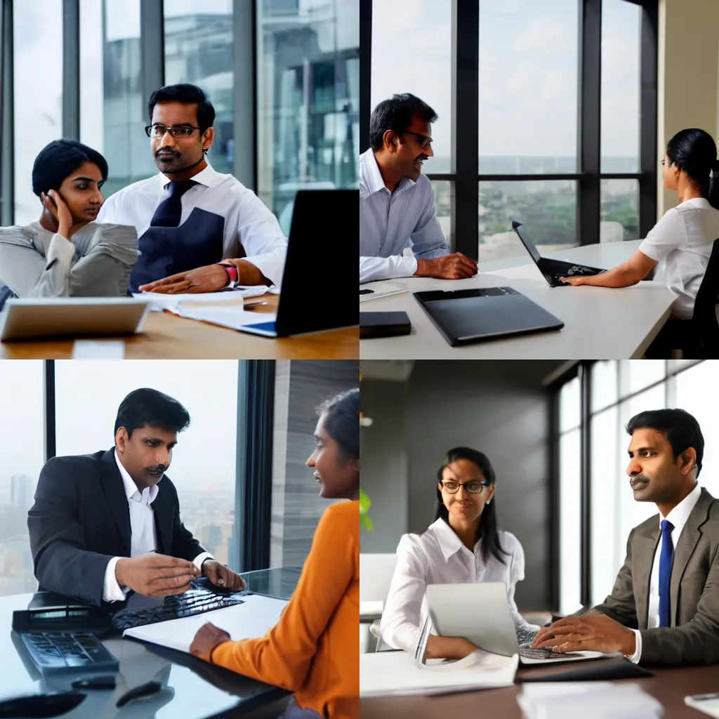 Prompt: indian male ceo executive manager mentor giving consultation on financial operations to female african american colleague intern using laptop sitting in modern office near panoramic window.