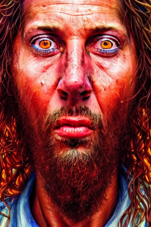 Image similar to hyperrealistic close - up portrait of psychedelic!!!!!!!!!! neuro - shaman hippy highly detailed concept art eric zener elson peter cinematic hard lighting high angle hd 8 k sharp shallow depth of field, inspired by denis villeneuve and zdzisław beksinski