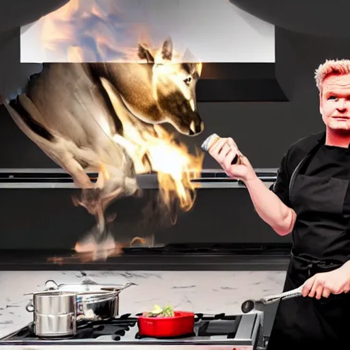 Image similar to hyper real Gordon Ramsey cooking a unicorn in kitchen 4k