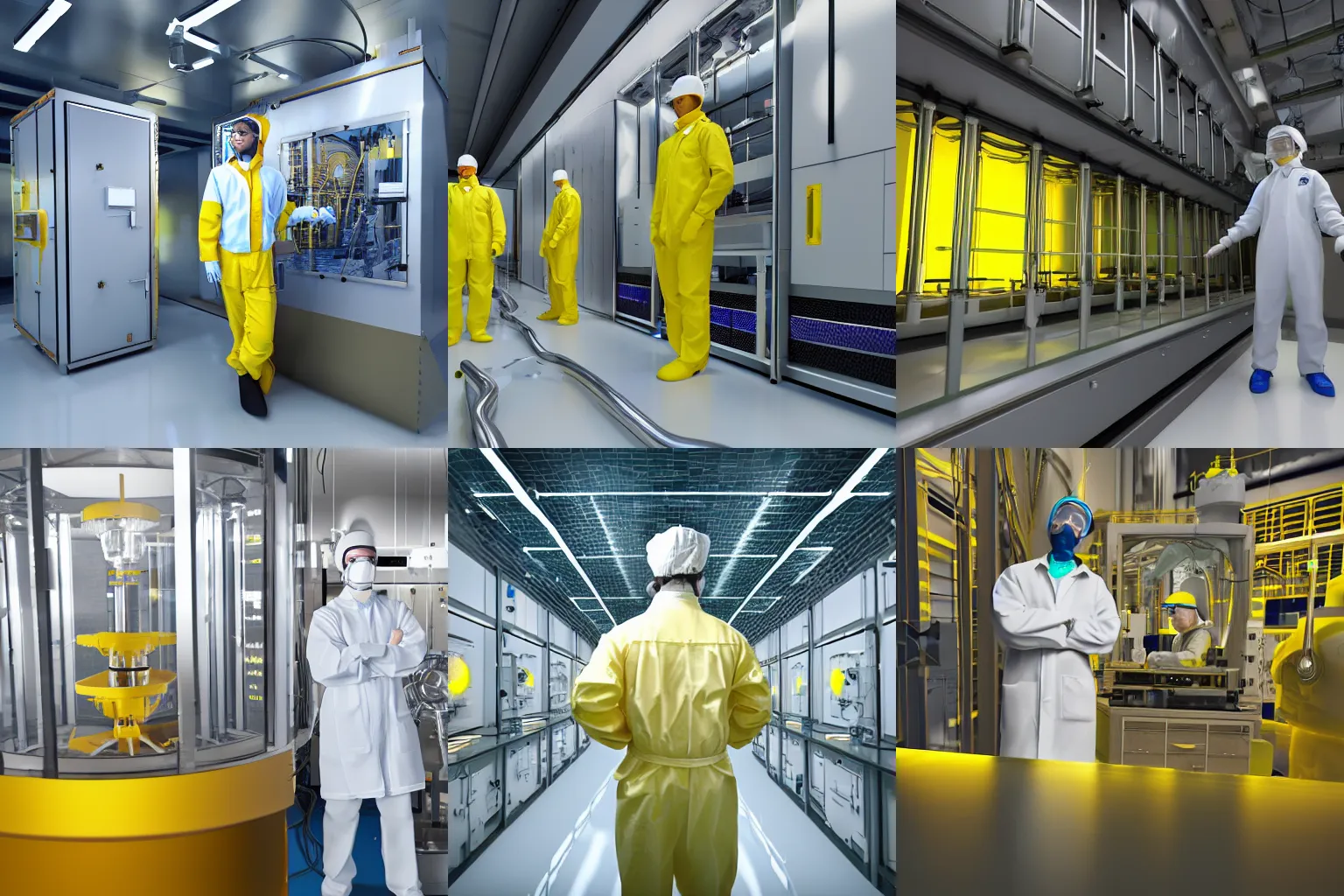 Prompt: doctoral candidate working in clean room, yellow lighting, cluster deposition chamber in background, plasma inside high vacuum steel chamber, realistic, in style of 3D render