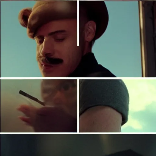 Image similar to Mario smoking in an A24 film aesthetic!!!