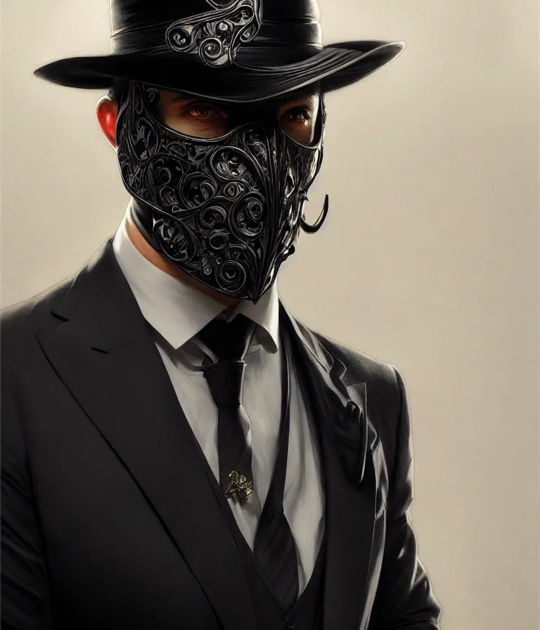 Image similar to ultra realistic illustration, a male with black mask, suit and tie, intricate, elegant, highly detailed, digital painting, artstation, concept art, smooth, sharp focus, illustration, art by artgerm and greg rutkowski and alphonse mucha