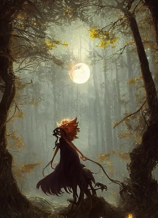 Image similar to fantasy book cover, full moon, fantasy forest landscape, golden vector elements, fantasy magic, dark light night, intricate, elegant, sharp focus, illustration, highly detailed, digital painting, concept art, matte, art by WLOP and Artgerm and Albert Bierstadt, masterpiece