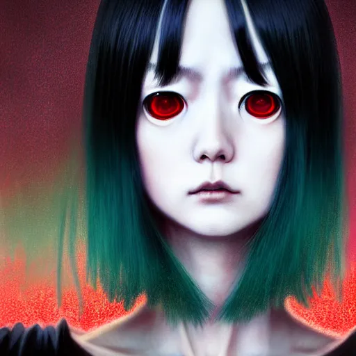 Image similar to i see you palp by junji ito, green red black blue eyes and long black hair by junji ito, painted by junji ito, rtx reflections, octane render 1 2 8 k, extreme high intricate details by wlop, digital anime art by ross tran, wide shot, composition by tom bagshaw, lighting by wlop