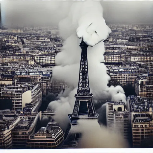 Image similar to extensive smoke rising from the top of the eiffel tower, aerial view, several police cars and crowds running across the ground, polaroid, 6 0's, hyperrealism, no blur, 4 k resolution, ultra detailed